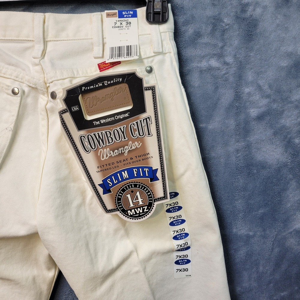 Wrangler Cowboy Cut Slim Fit Jeans White‎ Denim Mens Size 7 x 30 NWT made in USA